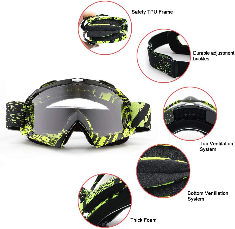 Motorcycle Goggles, ATV Dirt Bike Off Road MX UV400 Motocross Goggle with Soft Thick Foam Anti-Scratch Dustproof
